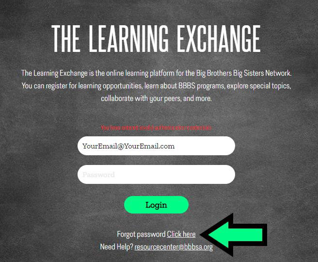 learning exchange login with arrow pointing to forgot password